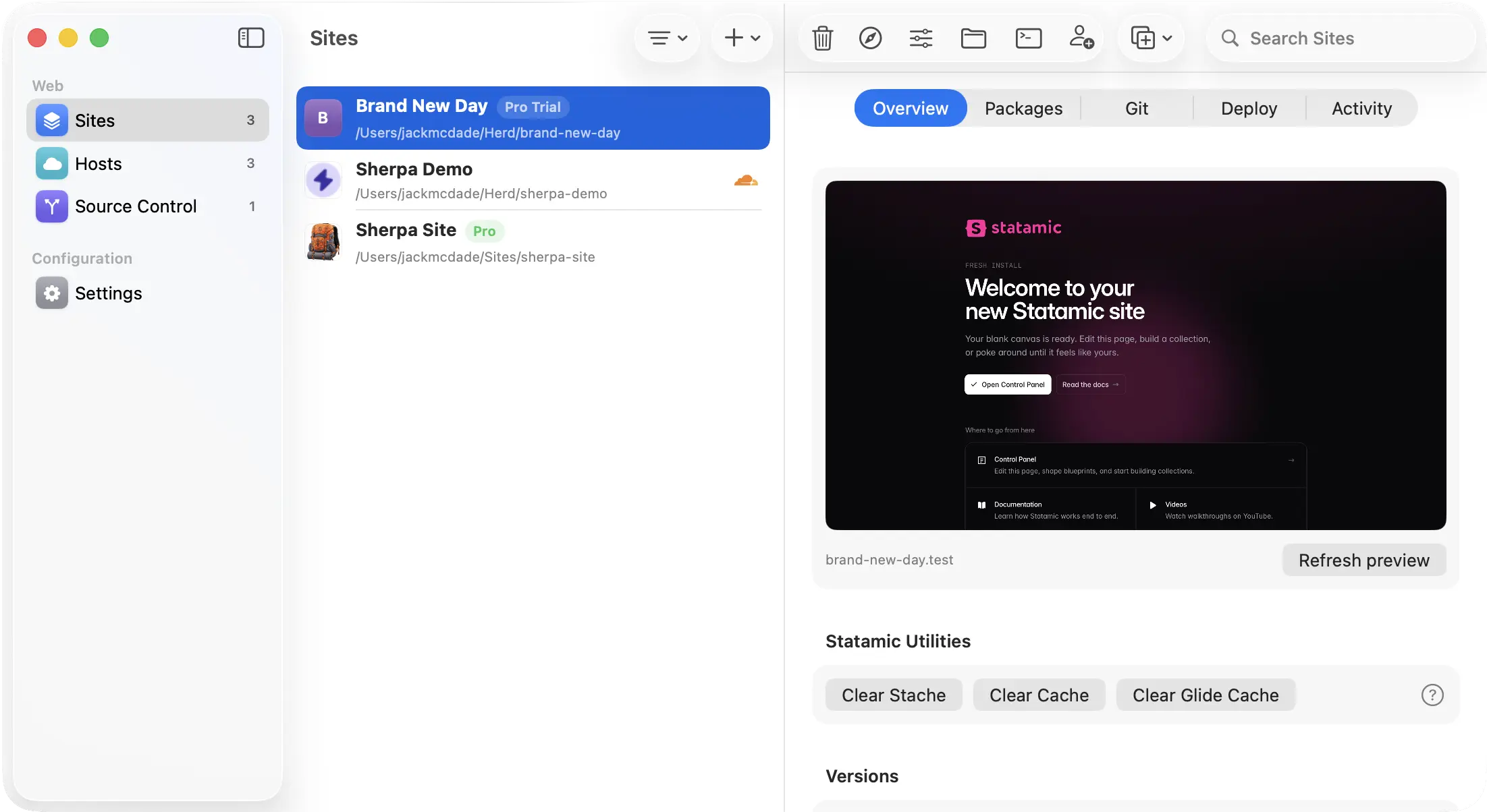 The Sherpa app showing a Statamic site running locally with deploy controls
